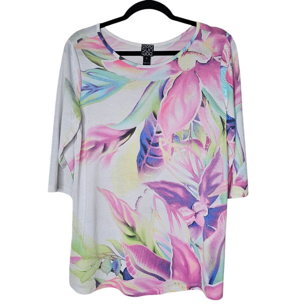 ⚡️Clara Sun Woo Small Pastel Floral Artsy Art To Wear 3/4 Sleeve Top Blouse Mesh